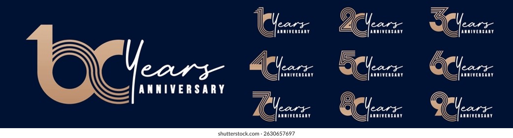 collection anniversary 10 to 100 year logo designs. abstract number for celebration event, wedding, greeting card, and invitation, vector illustration