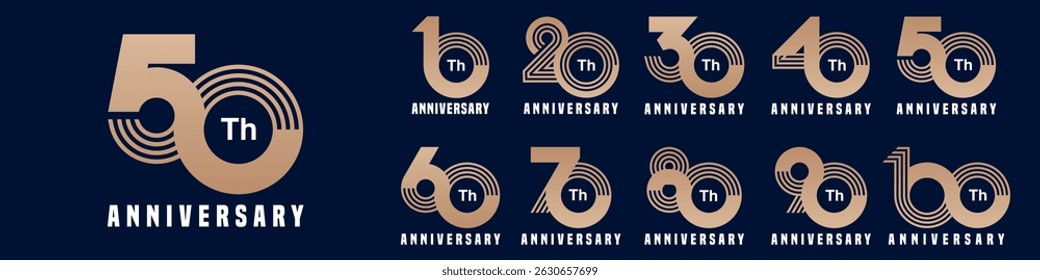 collection anniversary 10 to 100 year logo designs. abstract number for celebration event, wedding, greeting card, and invitation, vector illustration