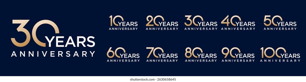 collection anniversary 10 to 100 year logo designs. abstract number for celebration event, wedding, greeting card, and invitation, vector illustration