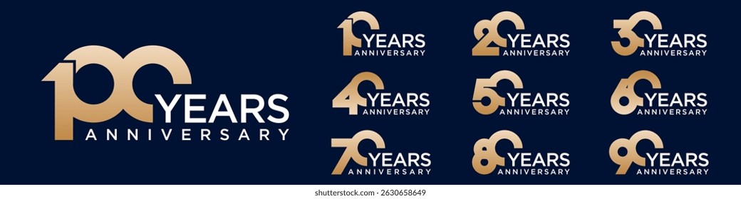collection anniversary 10 to 100 year logo designs. abstract number for celebration event, wedding, greeting card, and invitation, vector illustration