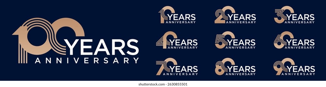 collection anniversary 10 to 100 year logo designs. abstract number for celebration event, wedding, greeting card, and invitation, vector illustration