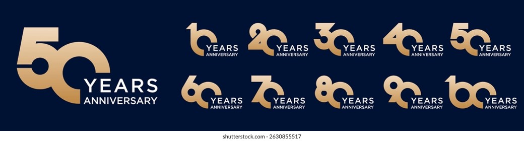 collection anniversary 10 to 100 year logo designs. abstract number for celebration event, wedding, greeting card, and invitation, vector illustration
