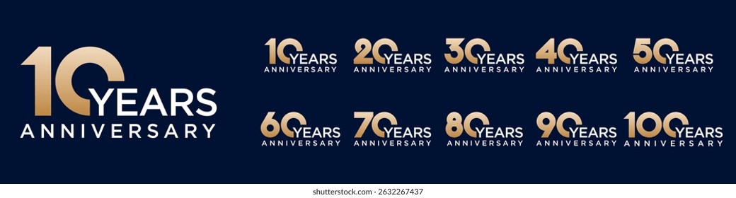 collection anniversary 10 to 100 year logo designs. abstract number for celebration event, wedding, greeting card, and invitation, vector illustration
