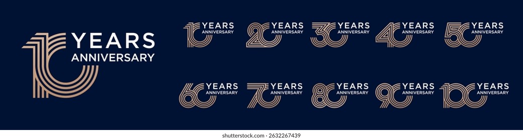 collection anniversary 10 to 100 year logo designs. abstract number for celebration event, wedding, greeting card, and invitation, vector illustration