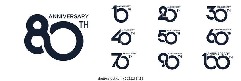 collection anniversary 10 to 100 year logo designs. abstract number for celebration event, wedding, greeting card, and invitation, vector illustration