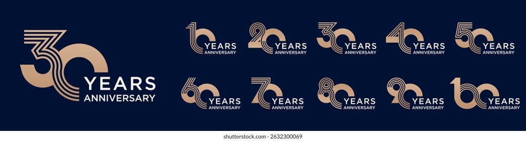 collection anniversary 10 to 100 year logo designs. abstract number for celebration event, wedding, greeting card, and invitation, vector illustration