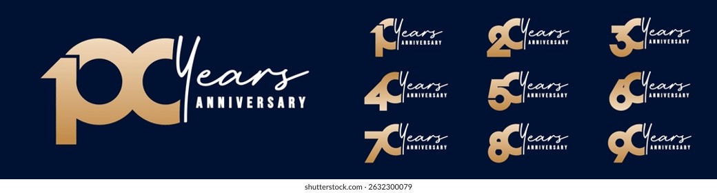 collection anniversary 10 to 100 year logo designs. abstract number for celebration event, wedding, greeting card, and invitation, vector illustration