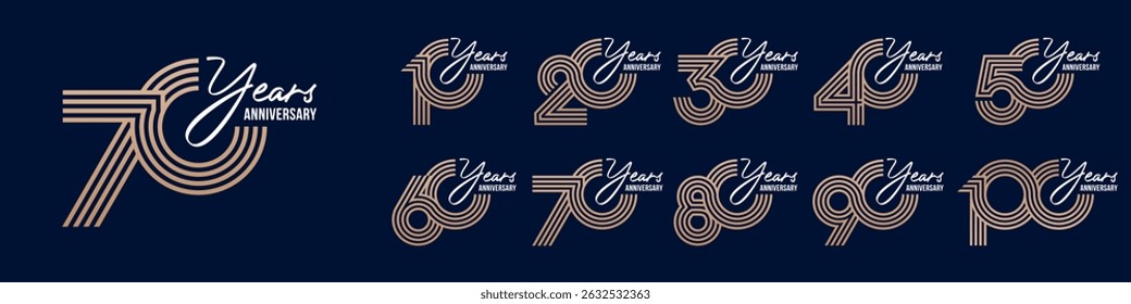 collection anniversary 10 to 100 year logo designs. abstract number for celebration event, wedding, greeting card, and invitation, vector illustration