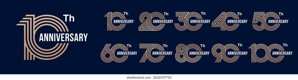 collection anniversary 10 to 100 year logo designs. abstract number for celebration event, wedding, greeting card, and invitation, vector illustration