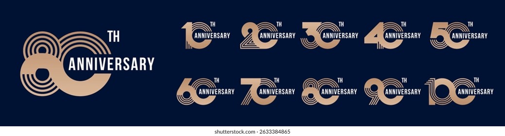collection anniversary 10 to 100 year logo designs. abstract number for celebration event, wedding, greeting card, and invitation, vector illustration
