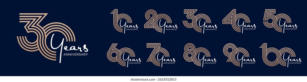 collection anniversary 10 to 100 year logo designs. abstract number for celebration event, wedding, greeting card, and invitation, vector illustration
