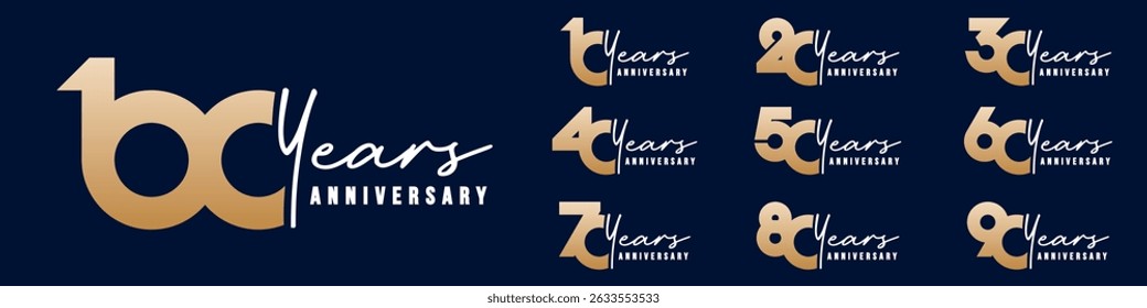 collection anniversary 10 to 100 year logo designs. abstract number for celebration event, wedding, greeting card, and invitation, vector illustration