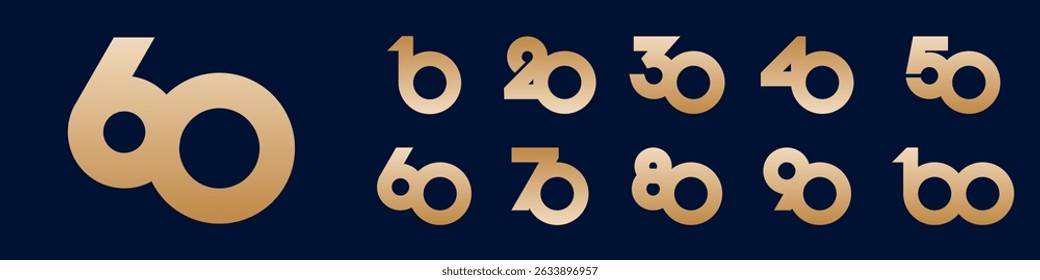 collection anniversary 10 to 100 year logo designs. abstract number for celebration event, wedding, greeting card, and invitation, vector illustration