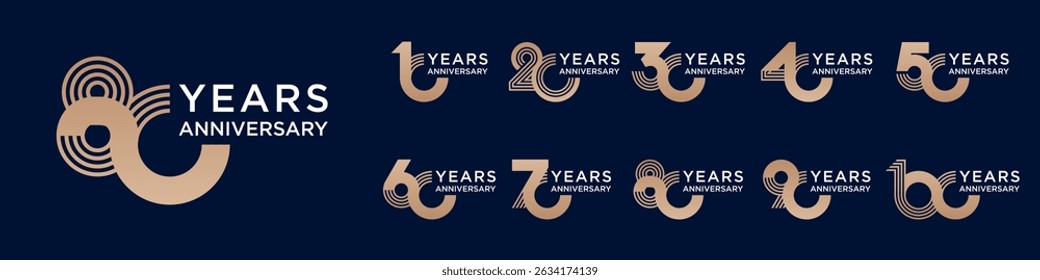 collection anniversary 10 to 100 year logo designs. abstract number for celebration event, wedding, greeting card, and invitation, vector illustration
