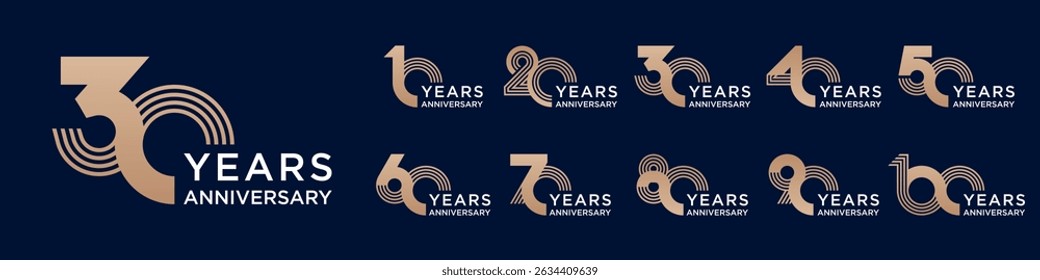 collection anniversary 10 to 100 year logo designs. abstract number for celebration event, wedding, greeting card, and invitation, vector illustration