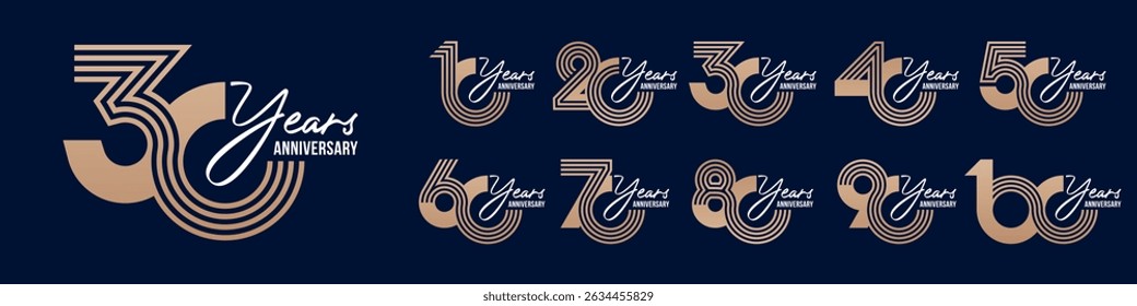 collection anniversary 10 to 100 year logo designs. abstract number for celebration event, wedding, greeting card, and invitation, vector illustration