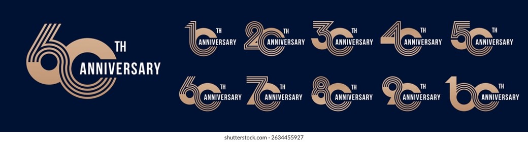 collection anniversary 10 to 100 year logo designs. abstract number for celebration event, wedding, greeting card, and invitation, vector illustration