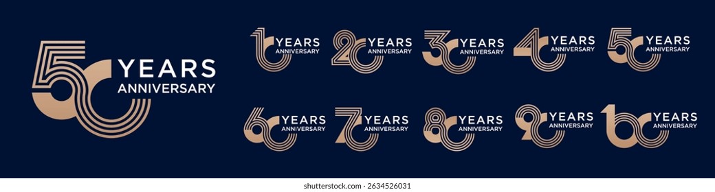 collection anniversary 10 to 100 year logo designs. abstract number for celebration event, wedding, greeting card, and invitation, vector illustration