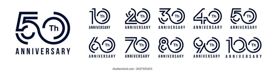 collection anniversary 10 to 100 year logo designs. abstract number for celebration event, wedding, greeting card, and invitation, vector illustration