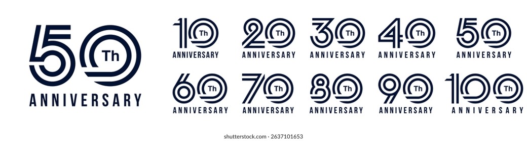 collection anniversary 10 to 100 year logo designs. abstract number for celebration event, wedding, greeting card, and invitation, vector illustration