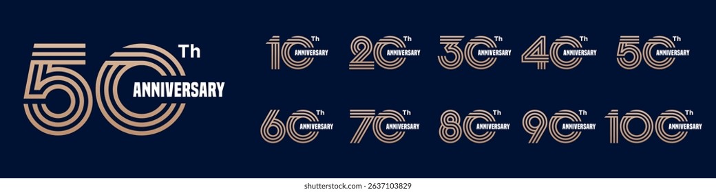 collection anniversary 10 to 100 year logo designs. abstract number for celebration event, wedding, greeting card, and invitation, vector illustration