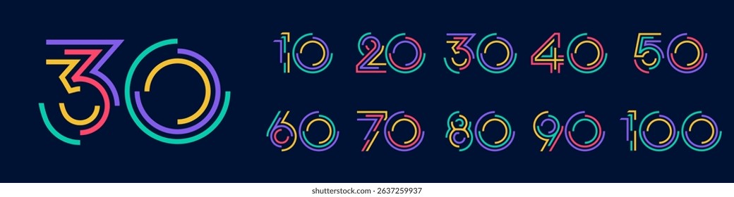 collection anniversary 10 to 100 year logo designs. abstract number for celebration event, wedding, greeting card, and invitation, vector illustration