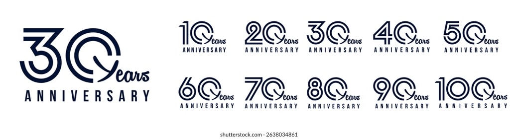 collection anniversary 10 to 100 year logo designs. abstract number for celebration event, wedding, greeting card, and invitation, vector illustration