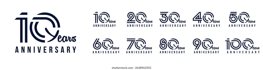 collection anniversary 10 to 100 year logo designs. abstract number for celebration event, wedding, greeting card, and invitation, vector illustration
