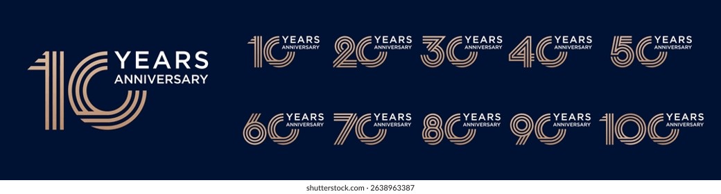 collection anniversary 10 to 100 year logo designs. abstract number for celebration event, wedding, greeting card, and invitation, vector illustration