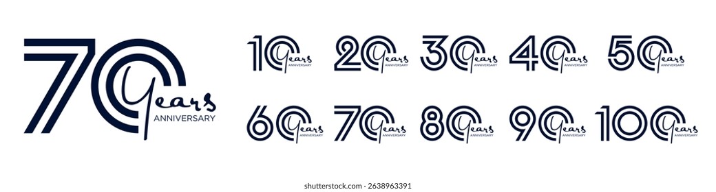 collection anniversary 10 to 100 year logo designs. abstract number for celebration event, wedding, greeting card, and invitation, vector illustration