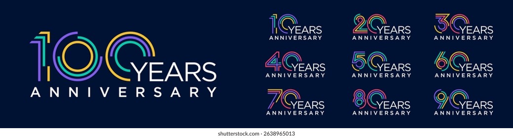 collection anniversary 10 to 100 year logo designs. abstract number for celebration event, wedding, greeting card, and invitation, vector illustration