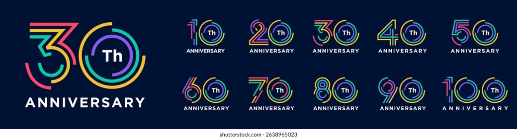 collection anniversary 10 to 100 year logo designs. abstract number for celebration event, wedding, greeting card, and invitation, vector illustration