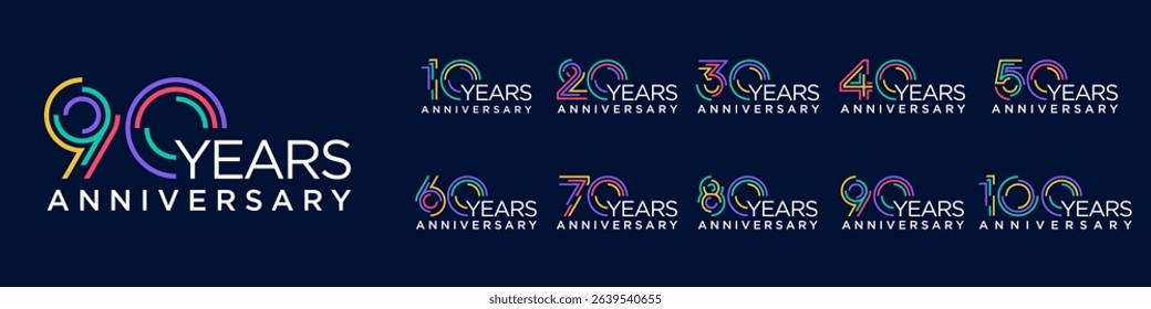 collection anniversary 10 to 100 year logo designs. abstract number for celebration event, wedding, greeting card, and invitation, vector illustration