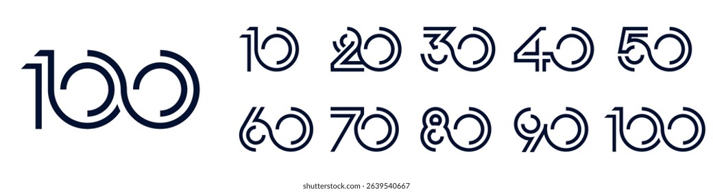collection anniversary 10 to 100 year logo designs. abstract number for celebration event, wedding, greeting card, and invitation, vector illustration