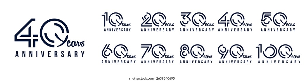 collection anniversary 10 to 100 year logo designs. abstract number for celebration event, wedding, greeting card, and invitation, vector illustration