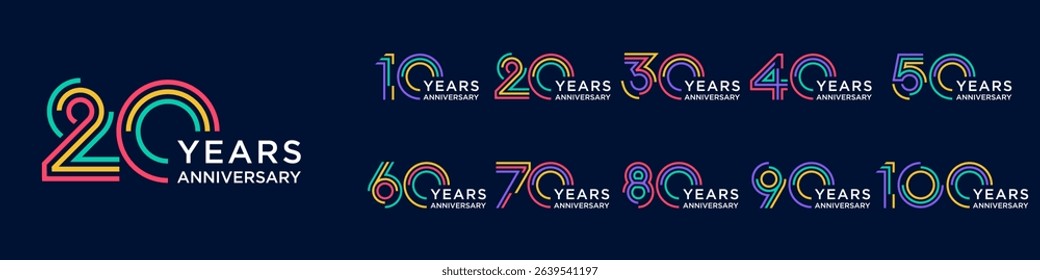 collection anniversary 10 to 100 year logo designs. abstract number for celebration event, wedding, greeting card, and invitation, vector illustration