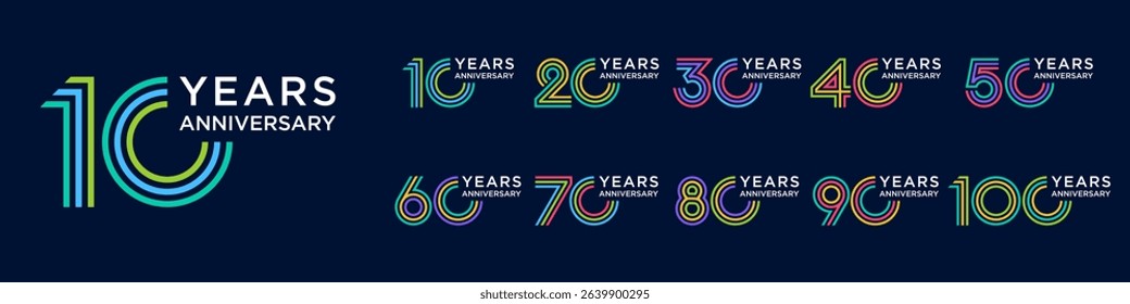 collection anniversary 10 to 100 year logo designs. abstract number for celebration event, wedding, greeting card, and invitation, vector illustration