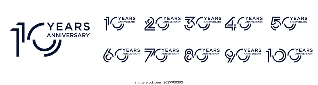 collection anniversary 10 to 100 year logo designs. abstract number for celebration event, wedding, greeting card, and invitation, vector illustration
