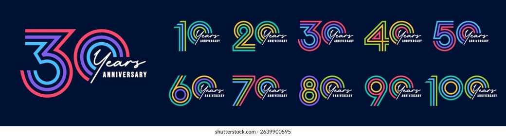 collection anniversary 10 to 100 year logo designs. abstract number for celebration event, wedding, greeting card, and invitation, vector illustration