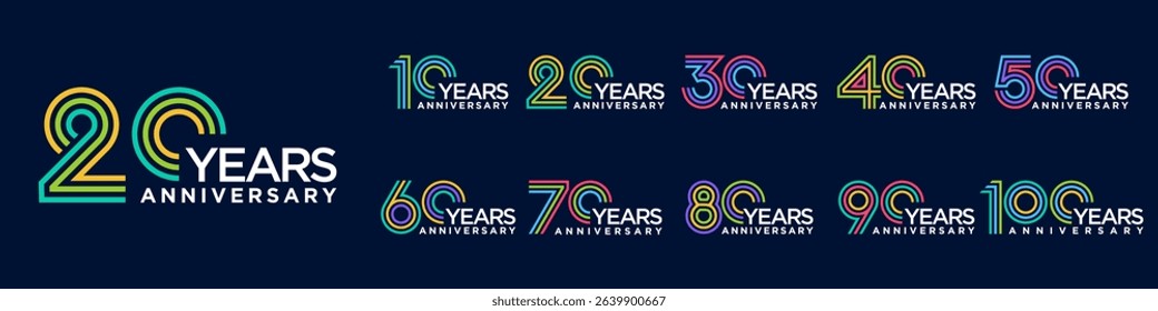 collection anniversary 10 to 100 year logo designs. abstract number for celebration event, wedding, greeting card, and invitation, vector illustration