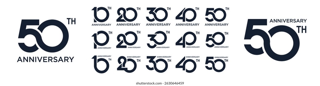 collection anniversary 10 to 50 year logo designs. abstract number for celebration event, wedding, greeting card, and invitation, vector illustration