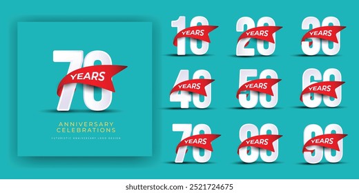 Aniversario de colección de 10 a 90 años, Ilustración vectorial de diseño de número creativo. Diseño de Plantilla de Anuncio de aniversario para Web, póster, volantes, tarjeta de felicitación e invitación.