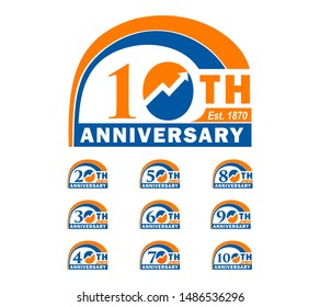 Collection anniversary 10th, 20th, 30th, 40th, 50th, 60th, 70th, 80th, 90th, 100th flat style isolated