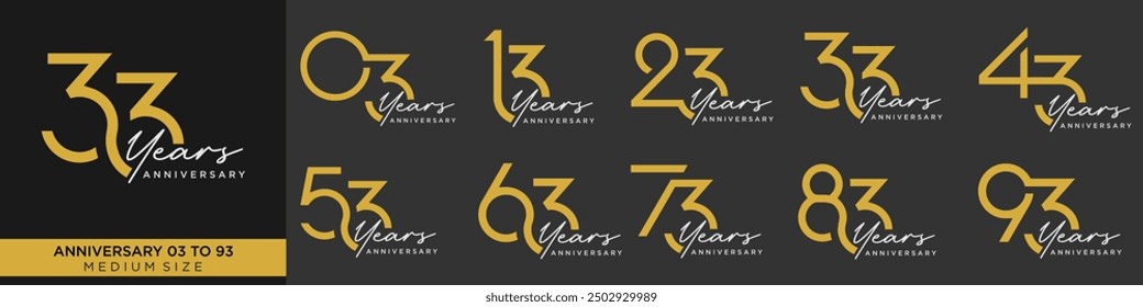 collection anniversary 13 to 93 year, creative number design vector illustration.