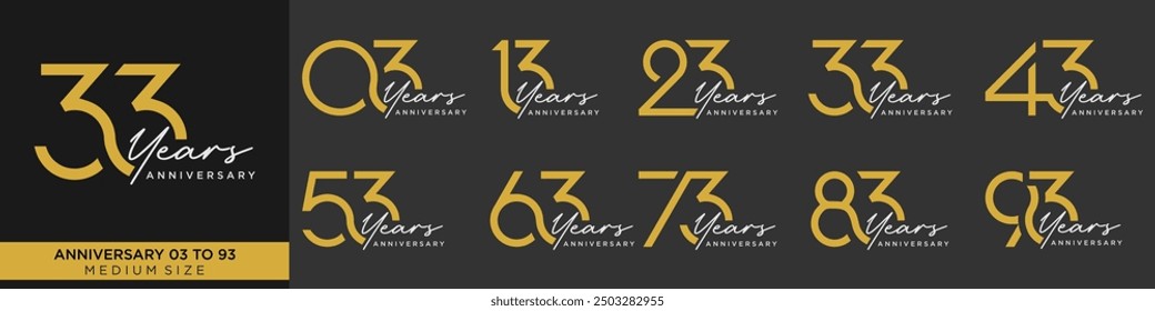 collection anniversary 13 to 93 year, creative number design vector illustration.