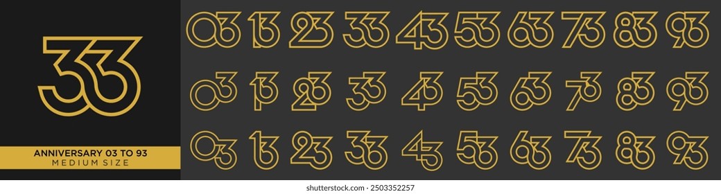 Sammlung Jubiläum 13 bis 93 Jahre, kreative Zahl Design Vektorgrafik.