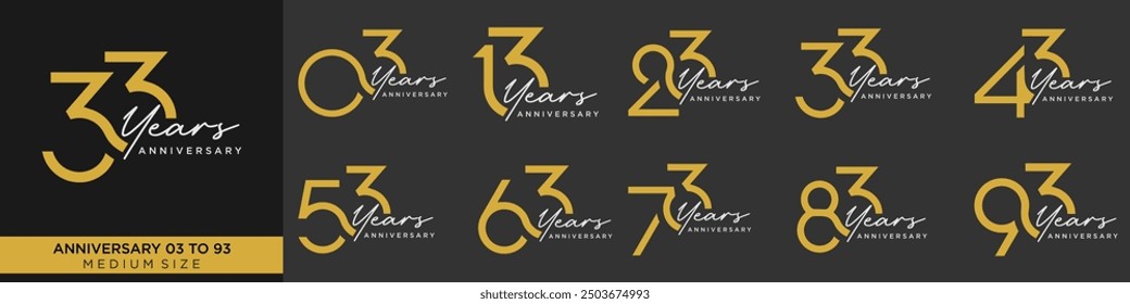 collection anniversary 13 to 93 year, creative number design vector illustration.