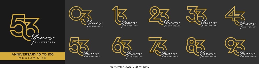 collection anniversary 13 to 93 year, creative number design vector illustration.