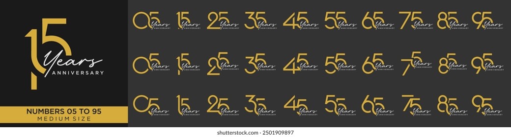 collection anniversary 15 to 95 year, creative number design vector illustration.