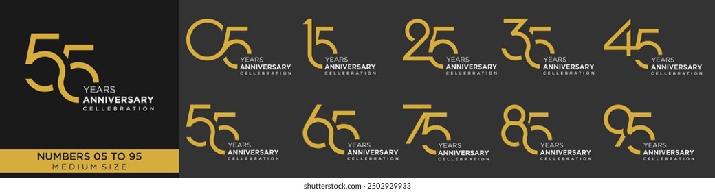 collection anniversary 15 to 95 year, creative number design vector illustration.